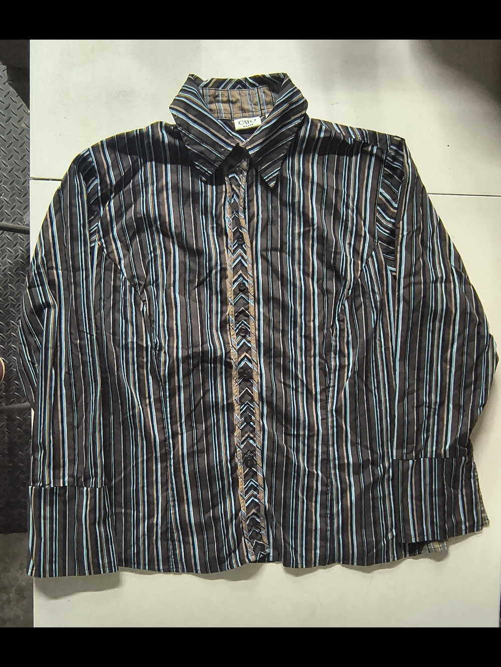 Cato Black Striped Button-Front Blouse with Blue Accents Size 14/16W